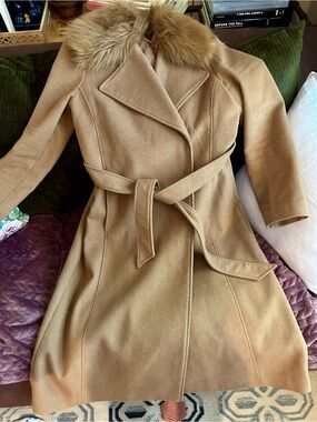 Karl Lagerfeld Camel Felted Trench Coat with Faux Fur Collar